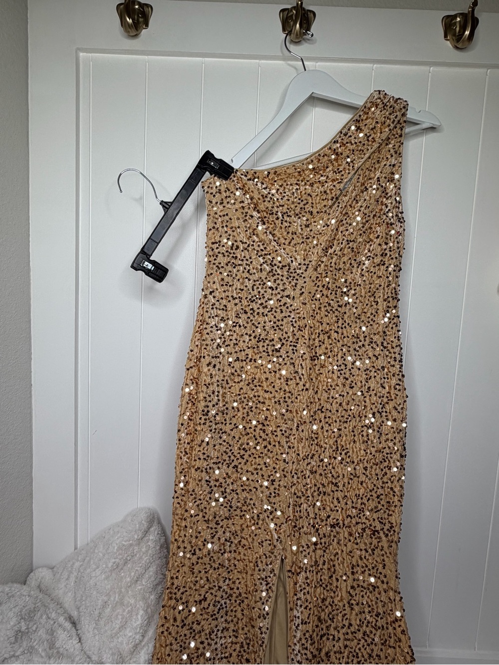 One-Shoulder Sequin Evening Gown in Champagne